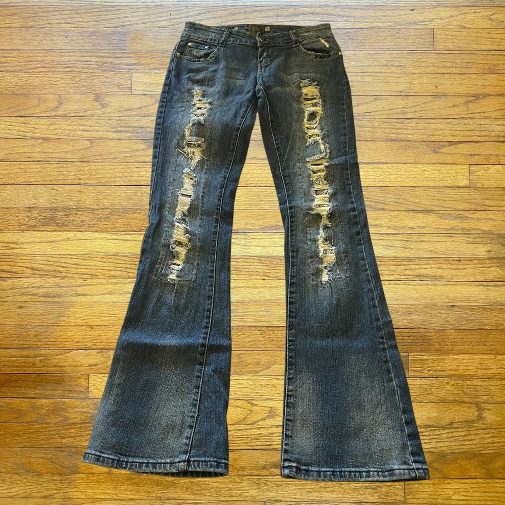 Rampage Distressed Flare Jeans Womens 7 Blue Denim Low Rise Y2K Destroyed